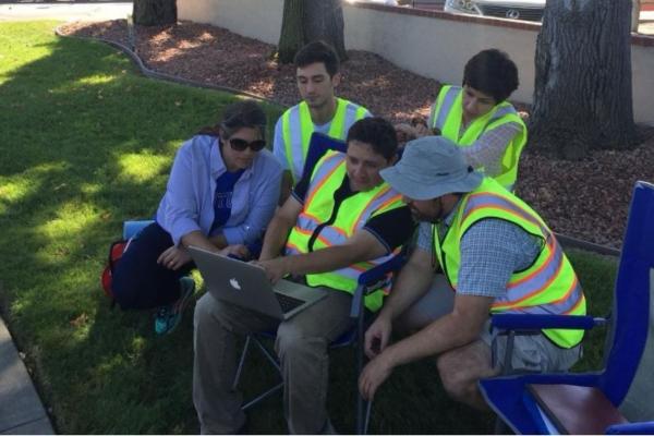 The research team discussing AROMA-VOC data, from left: Kelly G. Pennell (UK), Evan Willett (UK), Ricardo Viteri (Entanglement Technologies), Elham Shirazi (UK) and Tony Miller (Entanglement Technologies). Photo by Pennell research group.